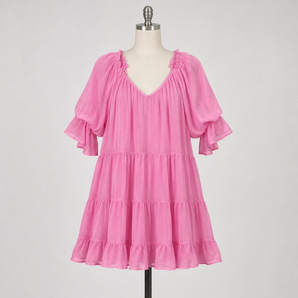 &merci Pink Tiered Babydoll Dress Small Puff Sleeve Coquette Flowy Soft Romantic